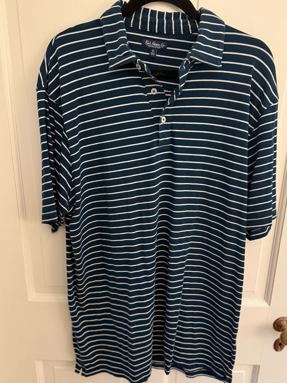 Men's Fish Hippie Navy & White Striped Polo Collection Shirt Size XL